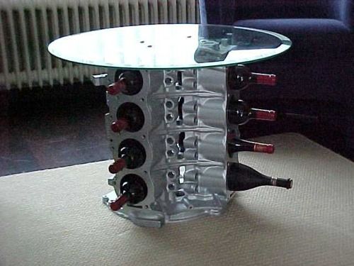 Custom metal side table made from V8 engine
